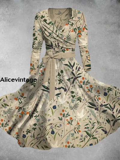 Floral Print Vintage V-Neck Long Sleeve Two Piece Midi Dress A / S