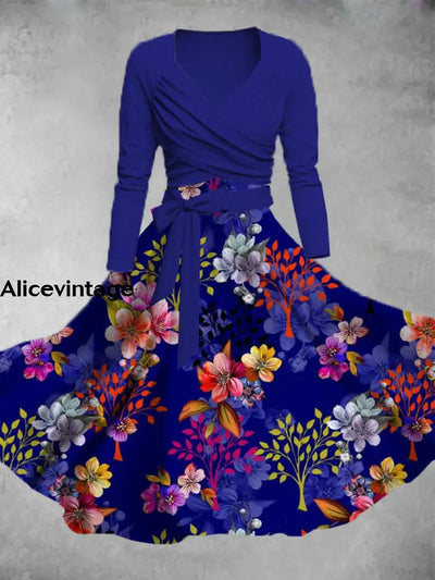 Floral Print Vintage V-Neck Long Sleeve Two Piece Midi Dress A / S