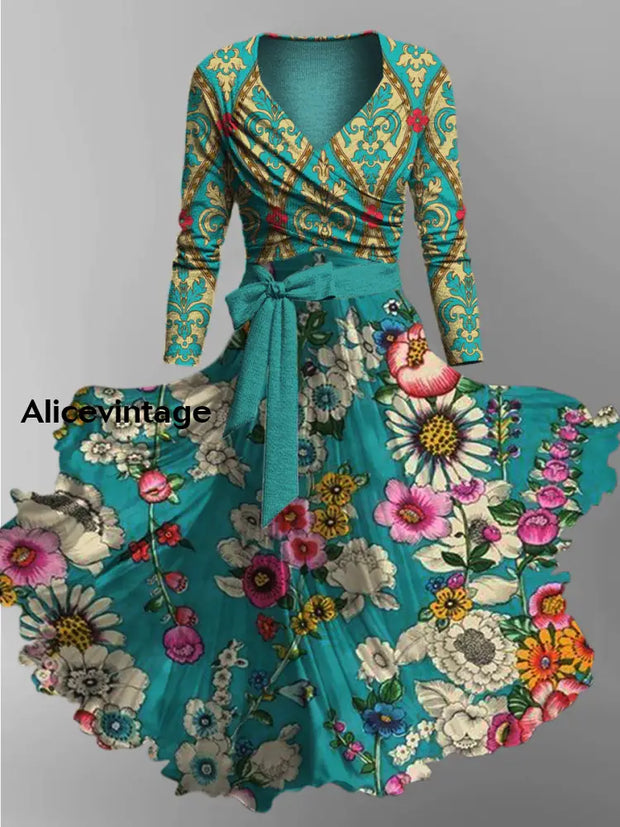 Floral Print Vintage V-Neck Long Sleeve Two-Piece Midi Dress A / S