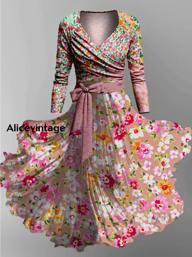 Floral Print Vintage V-Neck Long Sleeve Two-Piece Midi Dress A / S