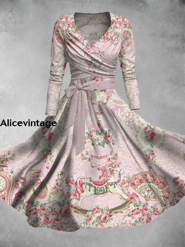 Floral Print Vintage V-Neck Long Sleeve Two Piece Midi Dress A / S