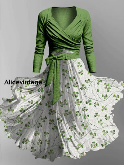 Floral Print Vintage V-Neck Long Sleeve Two-Piece Midi Dress A / S