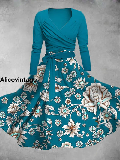 Floral Print Vintage V-Neck Long Sleeve Two Piece Midi Dress A / S