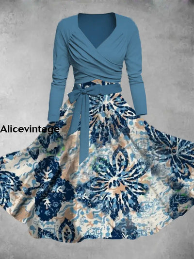 Floral Print Vintage V-Neck Long Sleeve Two Piece Midi Dress A / S