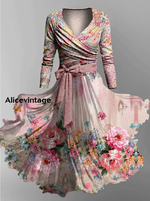 Floral Print Vintage V-Neck Long Sleeve Two-Piece Midi Dress A / S