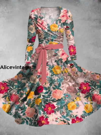 Floral Print Vintage V-Neck Long Sleeve Two Piece Midi Dress A / S