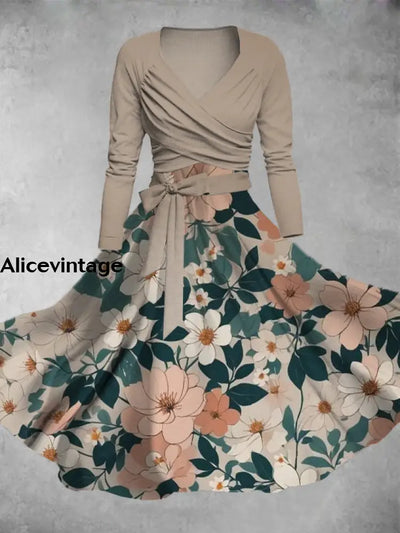 Floral Print Vintage V-Neck Long Sleeve Two Piece Midi Dress A / S