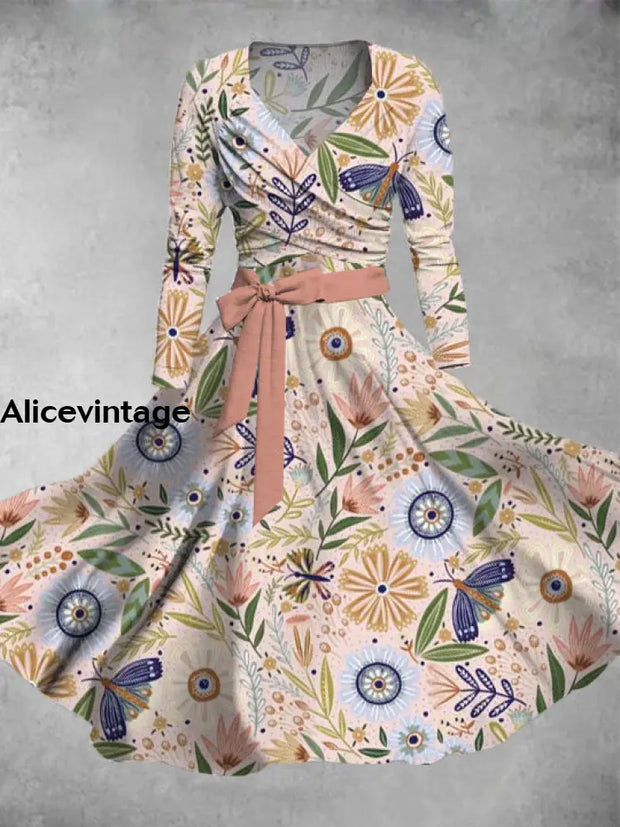 Floral Print Vintage V-Neck Long Sleeve Two Piece Midi Dress A / S