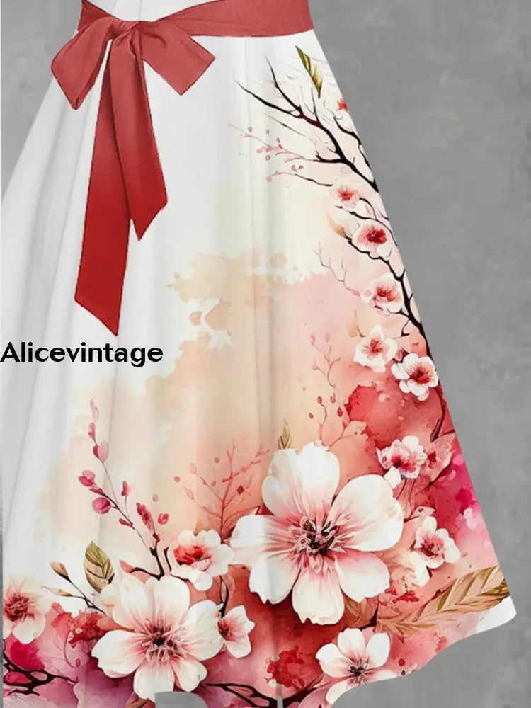 Floral Print Vintage V-Neck Short Sleeve Two-Piece Midi Dress