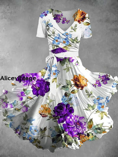 Floral Print Vintage V-Neck Short Sleeve Two-Piece Midi Dress A / S