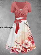 Floral Print Vintage V-Neck Short Sleeve Two-Piece Midi Dress A / S