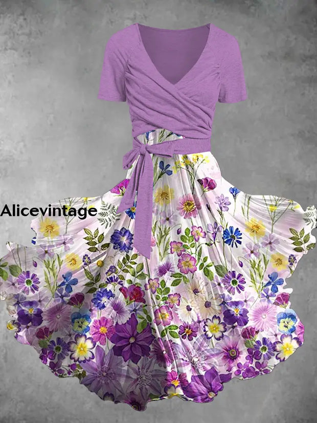 Floral Print Vintage V-Neck Short Sleeve Two-Piece Midi Dress A / S