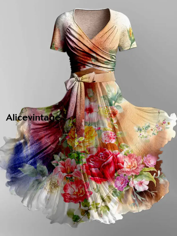 Floral Print Vintage V-Neck Short Sleeve Two-Piece Midi Dress A / S