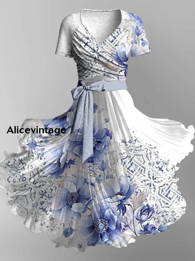 Floral Print Vintage V-Neck Short Sleeve Two-Piece Midi Dress A / S
