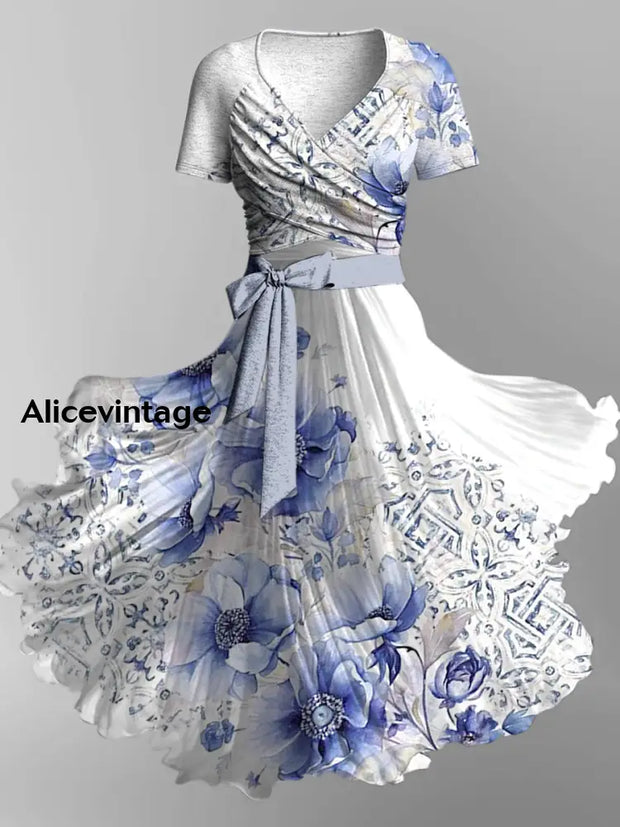 Floral Print Vintage V-Neck Short Sleeve Two-Piece Midi Dress A / S