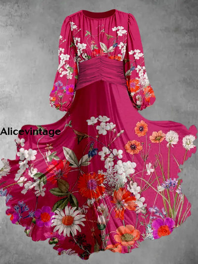 Floral Print Vntage Elegant Round Neck Long Sleeve Midi Dress A / S