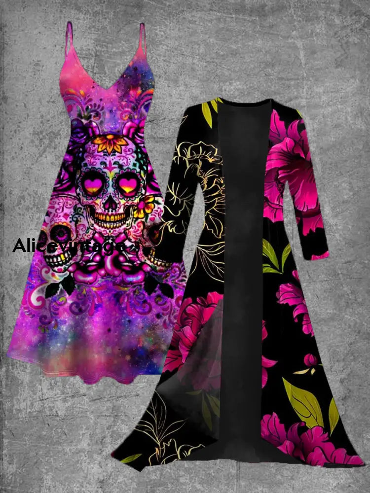 Floral Skull Art Print Vintage Elegant Slip Dress Two Piece Sets A / S