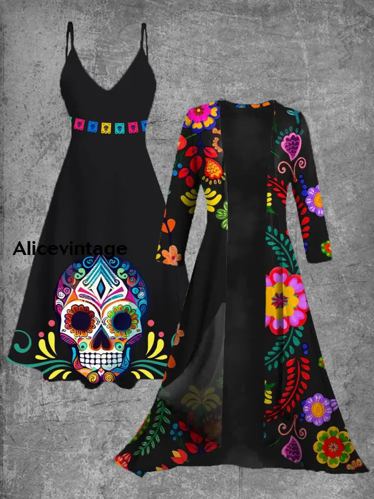 Floral Skull Art Print Vintage Elegant Slip Dress Two Piece Sets A / S