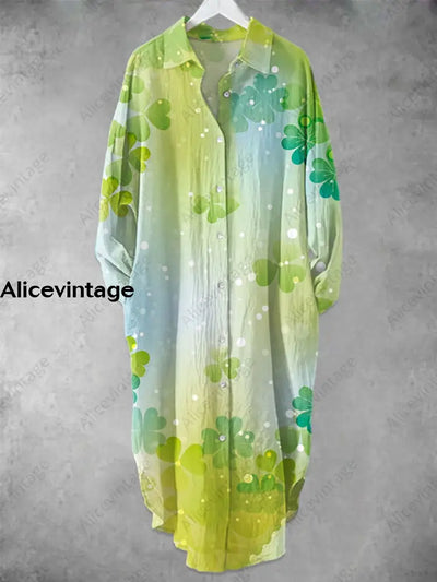 Fresh Green Lucky Grass Printed V-Neck Lapel Button Loose Long Sleeve Shirt A / S