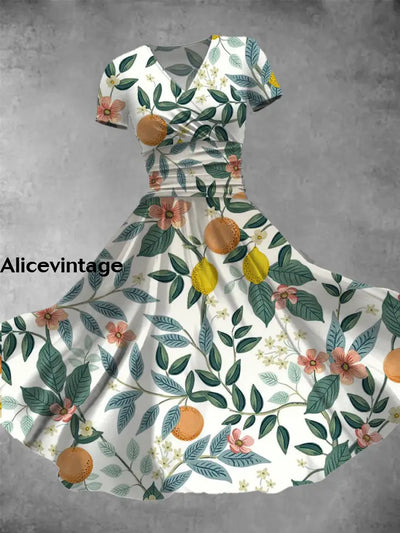 Fruit Art Print V-Neck Short Sleeve Vintage Midi Dress A / S