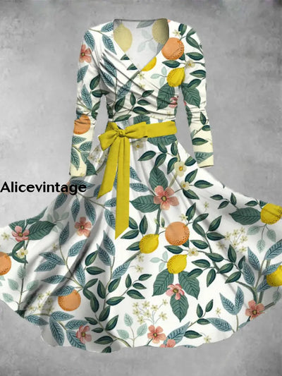 Fruit Art Print Vintage V-Neck Long Sleeve Two Piece Midi Dress A / S