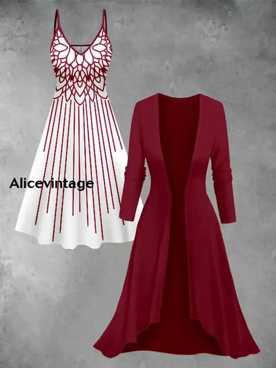 Geometry Art Print Vintage Elegant Slip Dress Two Piece Sets A / S