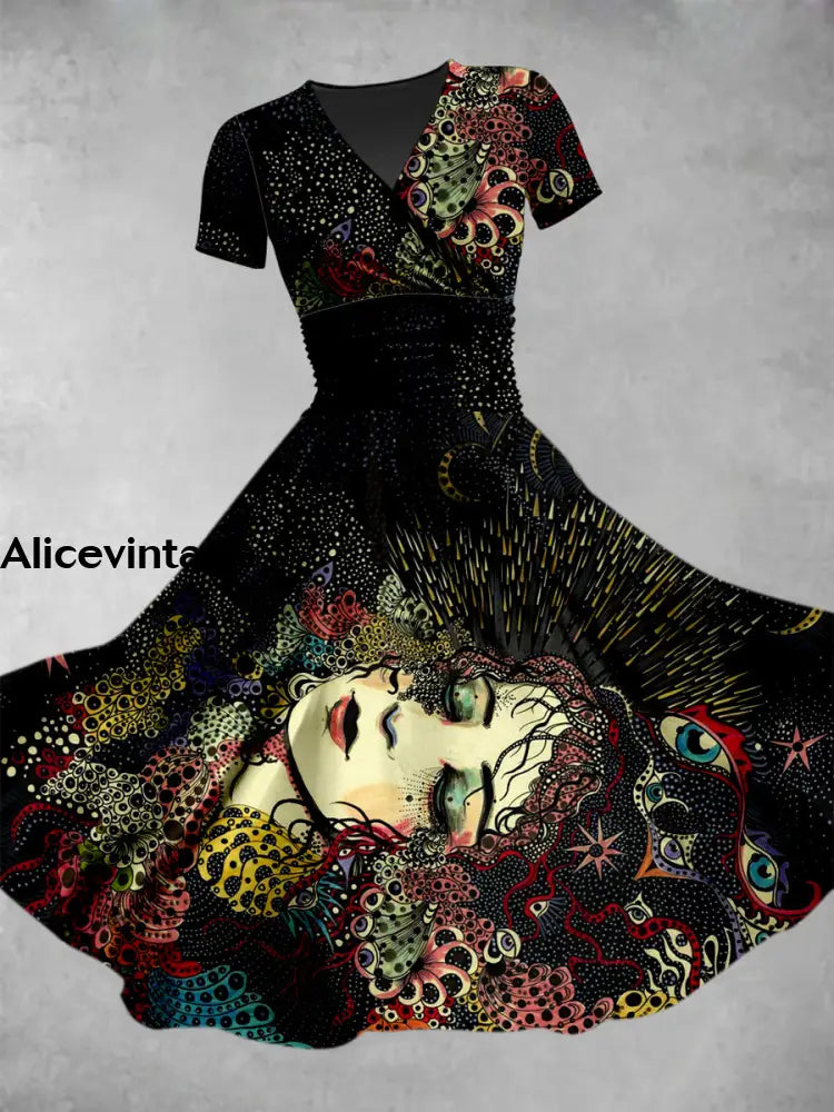 Girl Portrait Art Print V-Neck Vintage Short Sleeve Midi Dress A / S