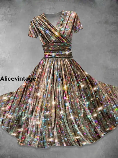 Glitter Art Print V-Neck Elegant Chic Short Sleeve Vintage Midi Dress A / S