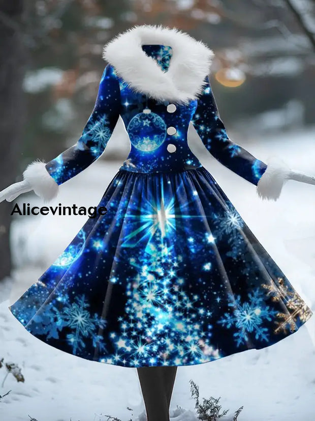 Glitter Art Print Vintage Elegant V-Neck Fur Collar Long Sleeve Midi Dress A / S