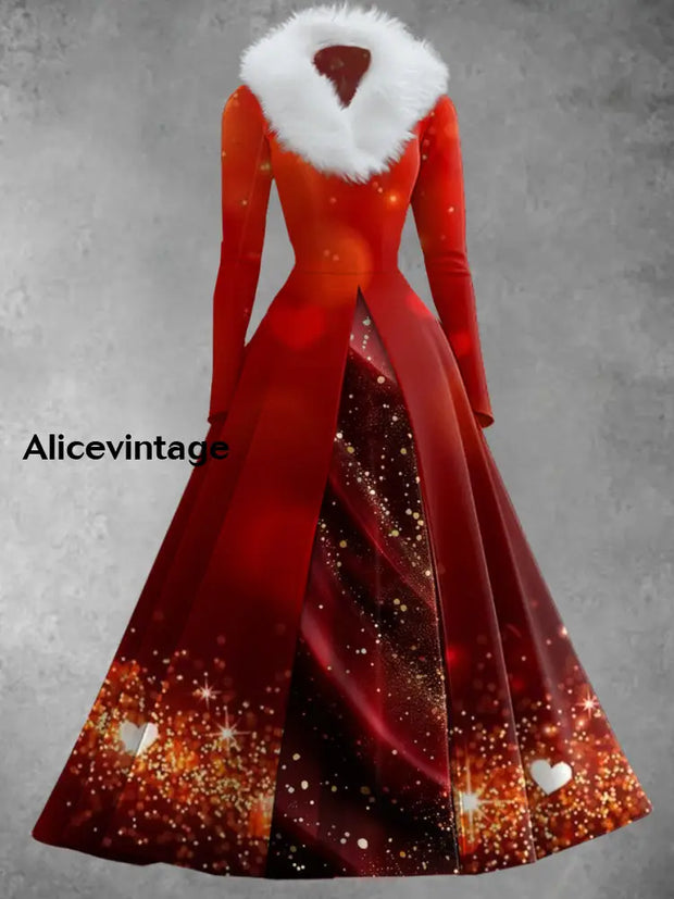 Glitter Art Print Vintage Elegant V-Neck Fur Collar Long Sleeve Midi Dress A / S