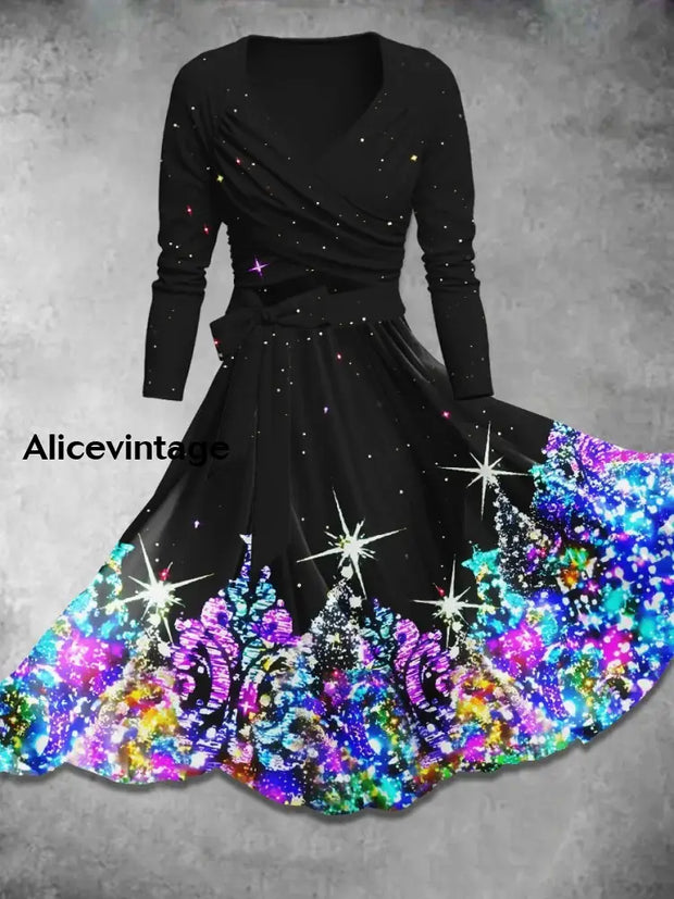 Glitter Art Print Vintage Long Sleeve Two-Piece Midi Dress A / S