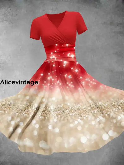 Glitter Art Print Vintage V-Neck Short Sleeve Midi Dress A / S