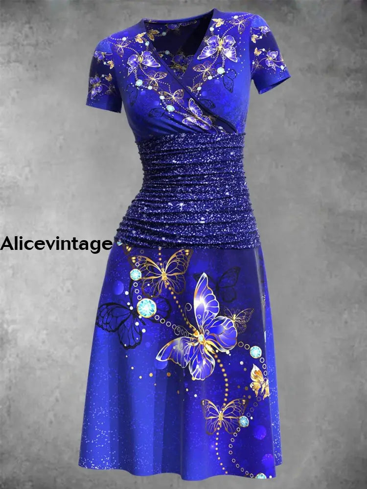 Glitter Butterfly Print V-Neck Short Sleeve Vintage Midi Dress Color / S