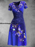 Glitter Butterfly Print V-Neck Short Sleeve Vintage Midi Dress Color / S