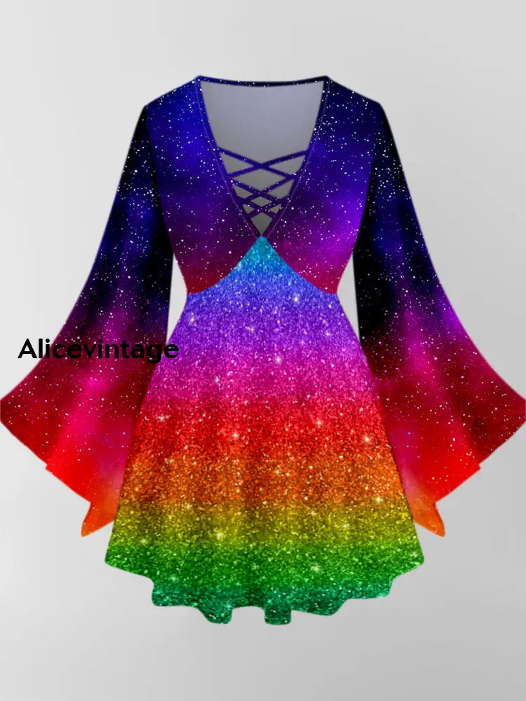 Glitter Color Art Print V-Neck Long Sleeve Top A / XS