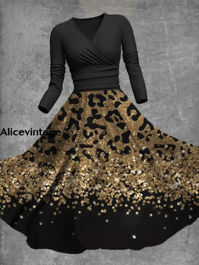 Glitter Leopard Print V-Neck Vintage Elegant Long Sleeve Midi Dress A / S