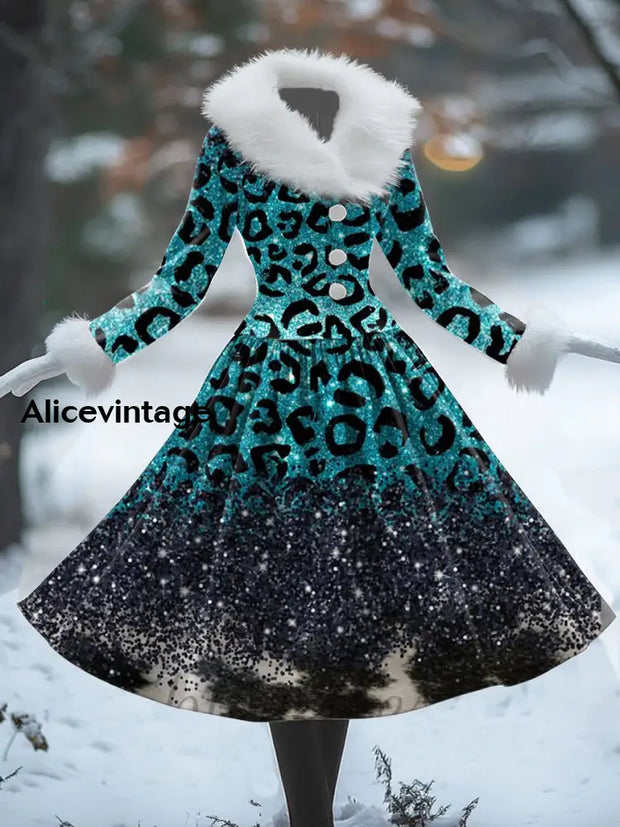 Glitter Leopard Print Vintage Elegant Fur Collar Long Sleeve Midi Dress A / S