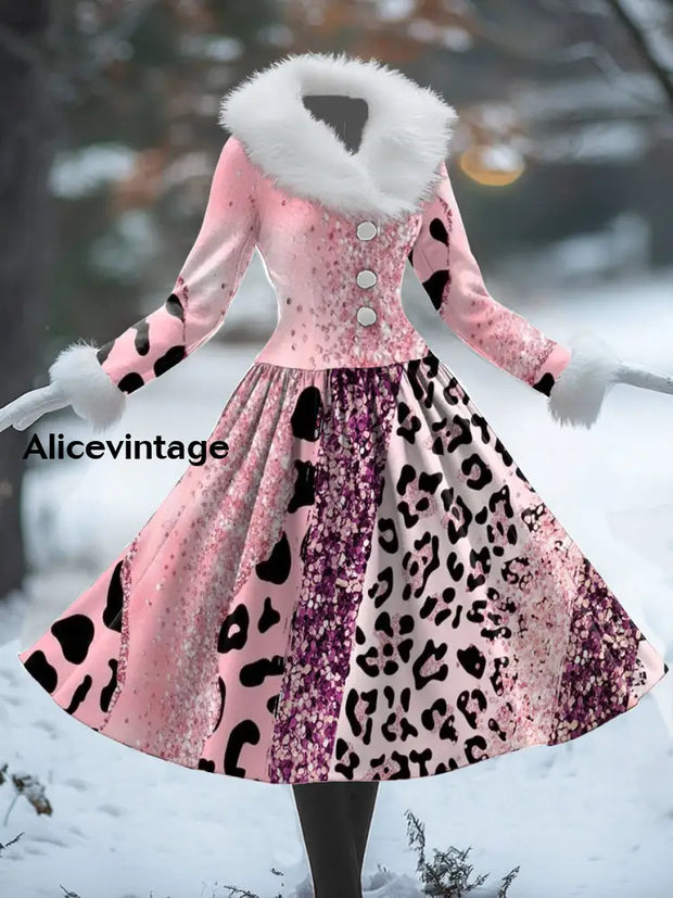 Glitter Leopard Print Vintage Elegant Fur Collar Long Sleeve Midi Dress A / S