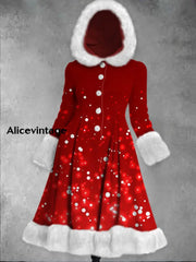 Glitter Print Vintage Elegant Long Sleeve Fur Hooded Coat Dress