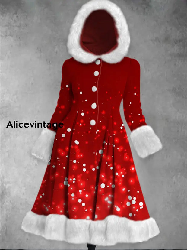 Glitter Print Vintage Elegant Long Sleeve Fur Hooded Coat Dress