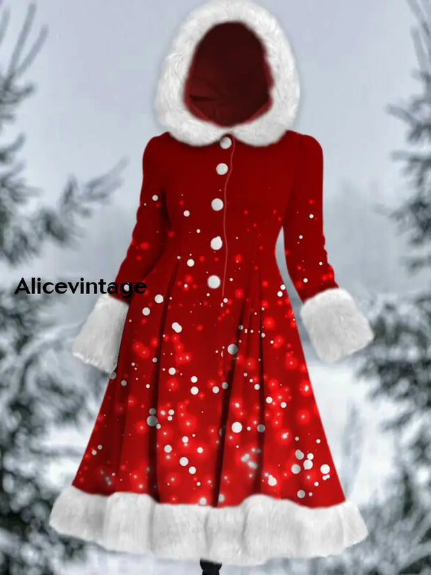 Glitter Print Vintage Elegant Long Sleeve Fur Hooded Coat Dress A / S