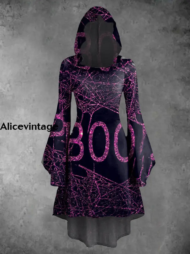 Glitter Print Vintage Trumpet Sleeve Hooded Dress A / S