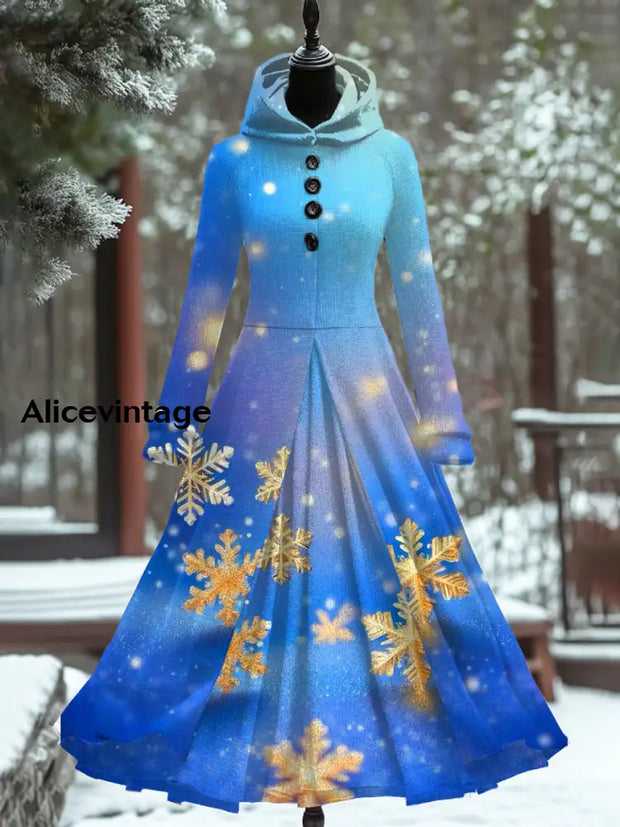 Glitter Snowflake Art Print Vintage Elegant Long Sleeve Fake Two Piece Maxi Dress A / S