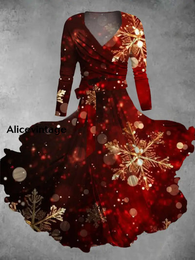 Glitter Snowflake Art Print Vintage Long Sleeve Two-Piece Midi Dress A / S