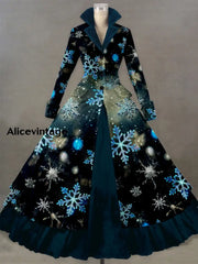 Glitter Snowflake Print Vintage Elegant Lapel V-Neck Long Sleeve Maxi Dress