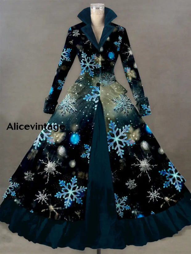 Glitter Snowflake Print Vintage Elegant Lapel V-Neck Long Sleeve Maxi Dress