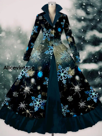 Glitter Snowflake Print Vintage Elegant Lapel V-Neck Long Sleeve Maxi Dress A / S