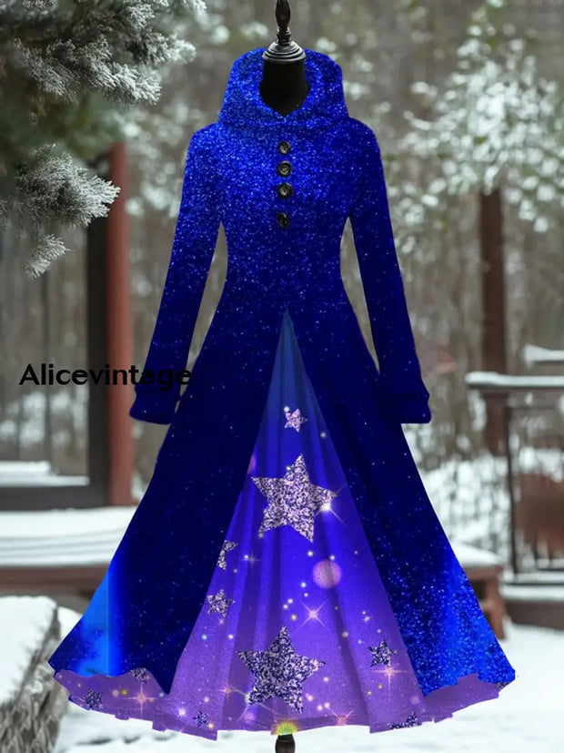 Glitter Star Art Print Vintage Elegant Long Sleeve Fake Two Piece Hooded Dress A / S