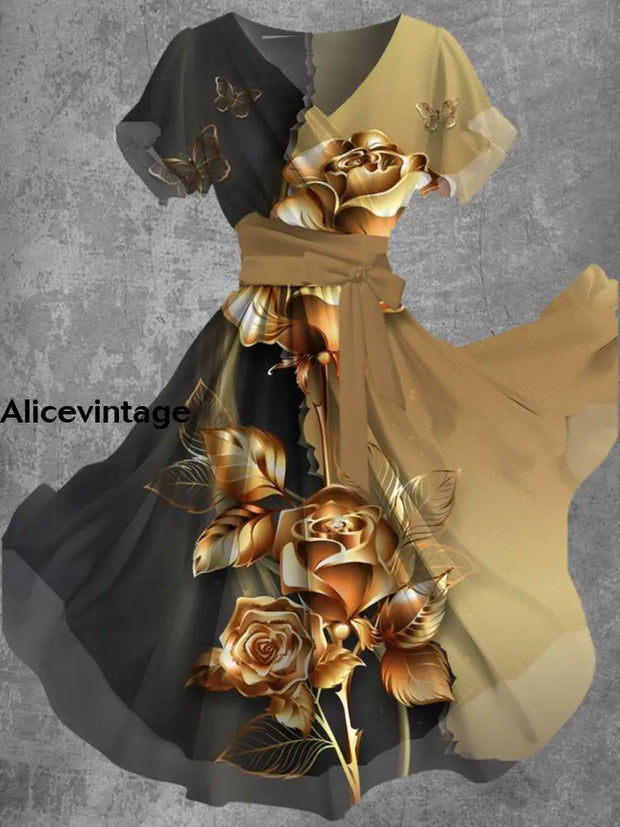 Gold Floral Art Print V-Neck Short-Sleeve Vintage Flowy Midi Dress A / S