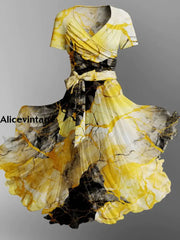 Gold Foil Tie-Dye Art Print Elegant Retro Chic V-Neck Strap Short Sleeve Midi Dress A / S